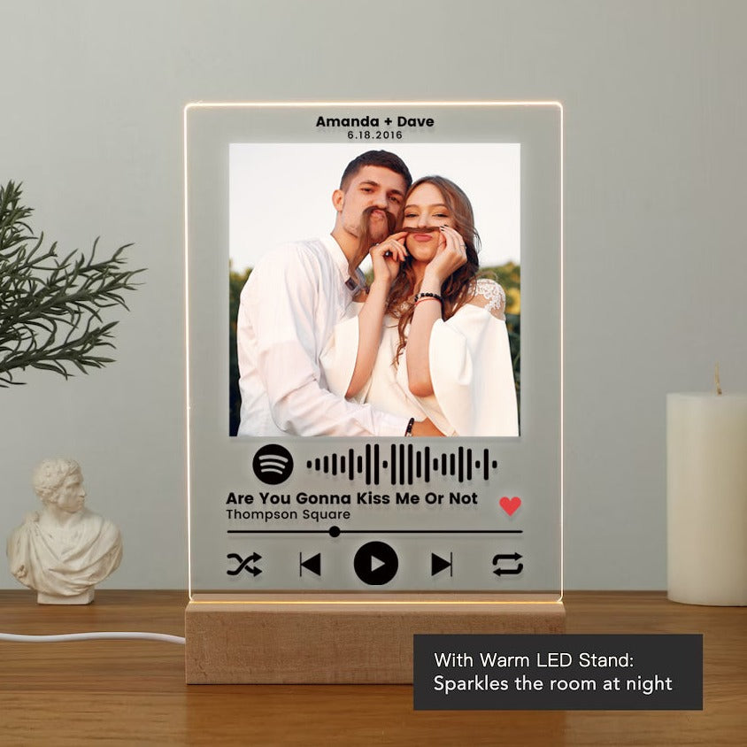 Custom Photo Acrylic Music Plaque with Scannable Song Code and LED Wooden Base