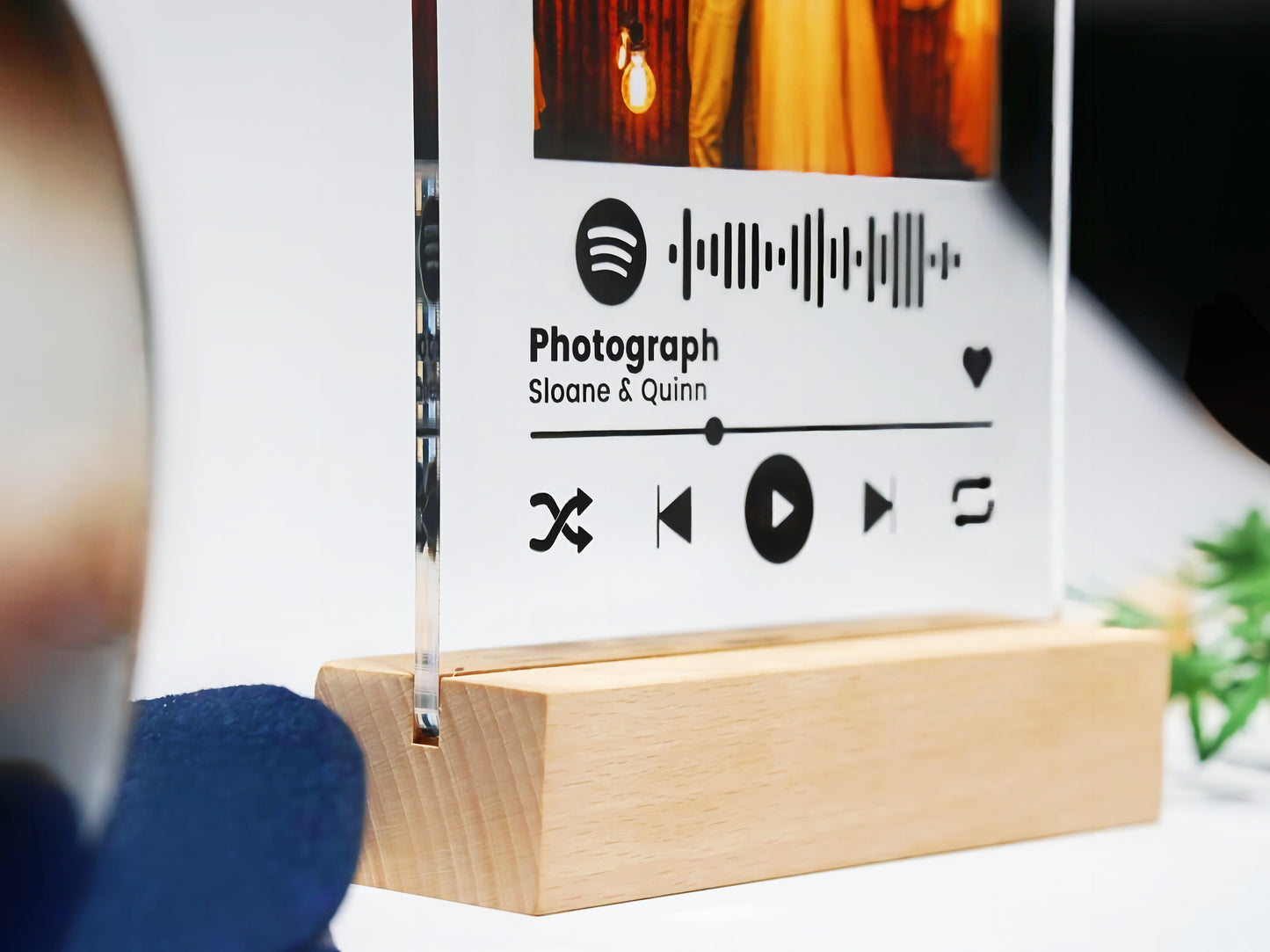 Custom Photo Acrylic Music Plaque with Scannable Song Code and LED Wooden Base